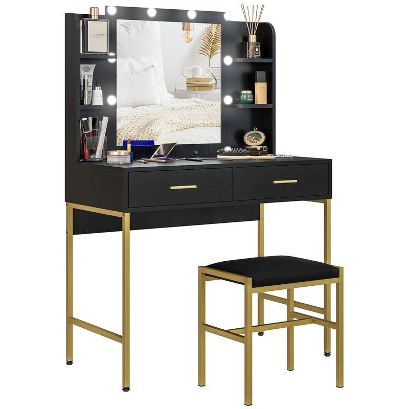 HOMCOM Makeup Vanity Desk Set With Lighted Mirror, Stool, Drawers, White