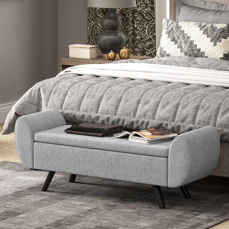 HOMCOM Storage Ottoman With Armrest, Upholstered Linen Storage Bench