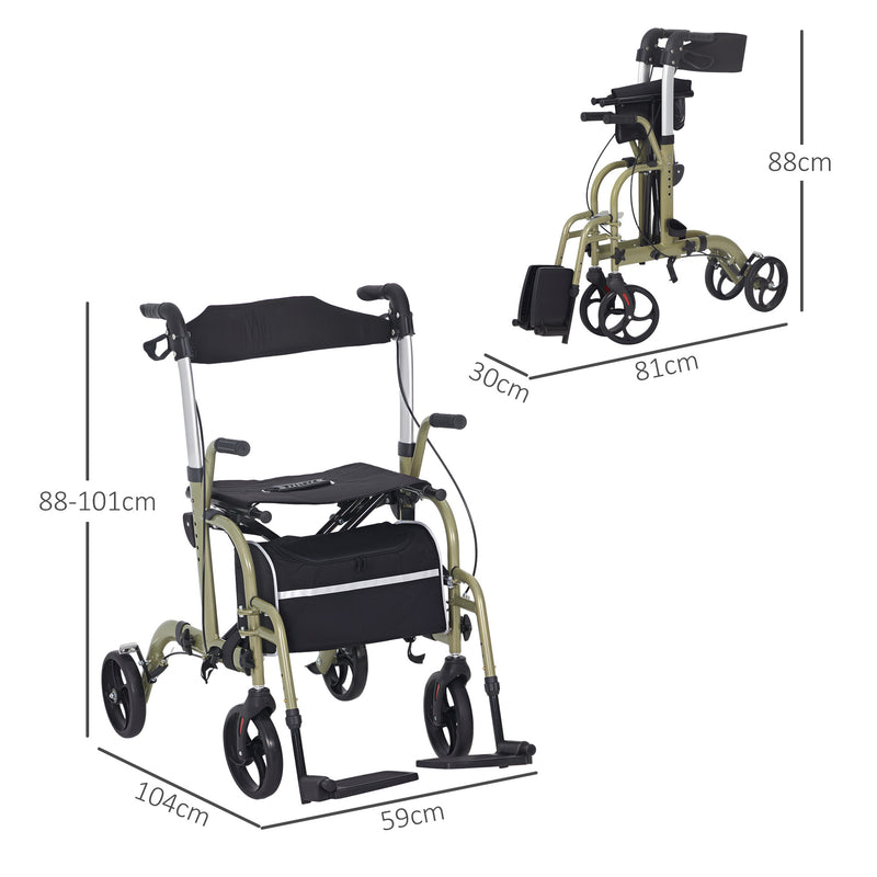 HOMCOM 2 in 1 Wheelchair & Folding Rollator Walker Combo, Yellow-green