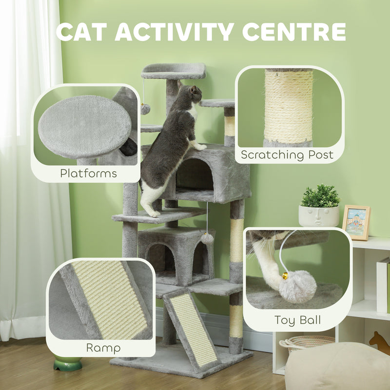 PawHut 138cm Cat Tree With Scratching Posts And Pad, Bed, Condos, Light Grey
