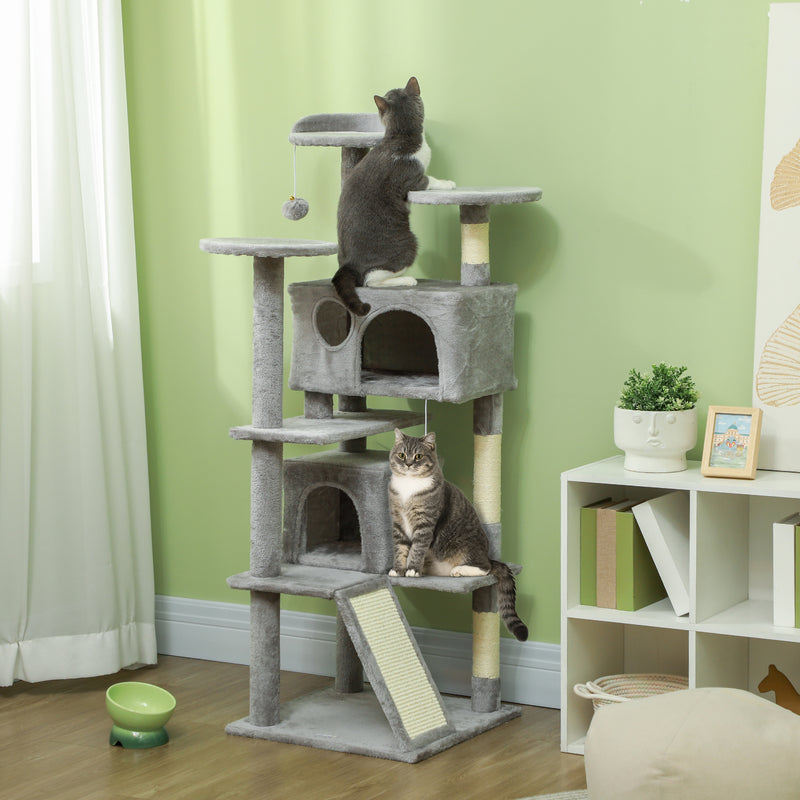 PawHut 138cm Cat Tree With Scratching Posts And Pad, Bed, Condos, Light Grey