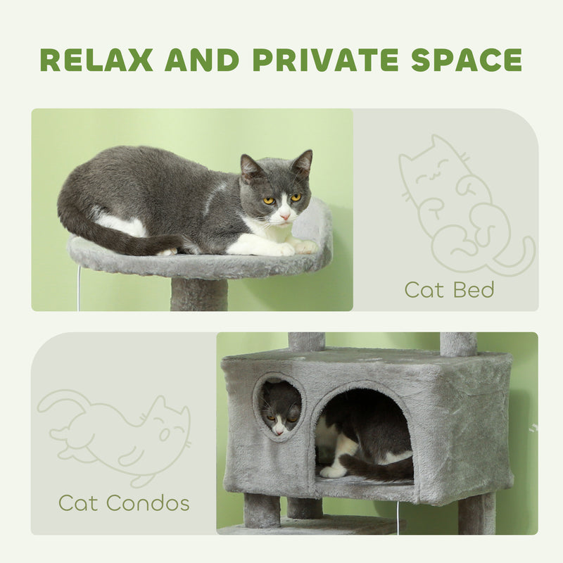 PawHut 138cm Cat Tree With Scratching Posts And Pad, Bed, Condos, Light Grey