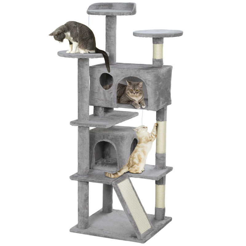 PawHut 138cm Cat Tree With Scratching Posts And Pad, Bed, Condos, Light Grey