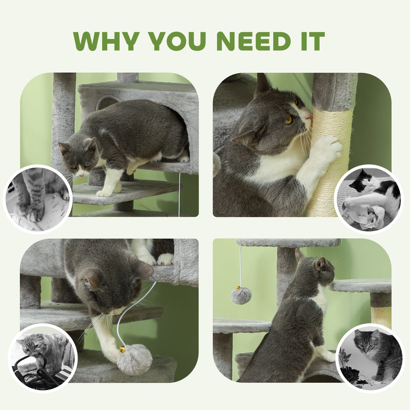 PawHut 138cm Cat Tree With Scratching Posts And Pad, Bed, Condos, Light Grey