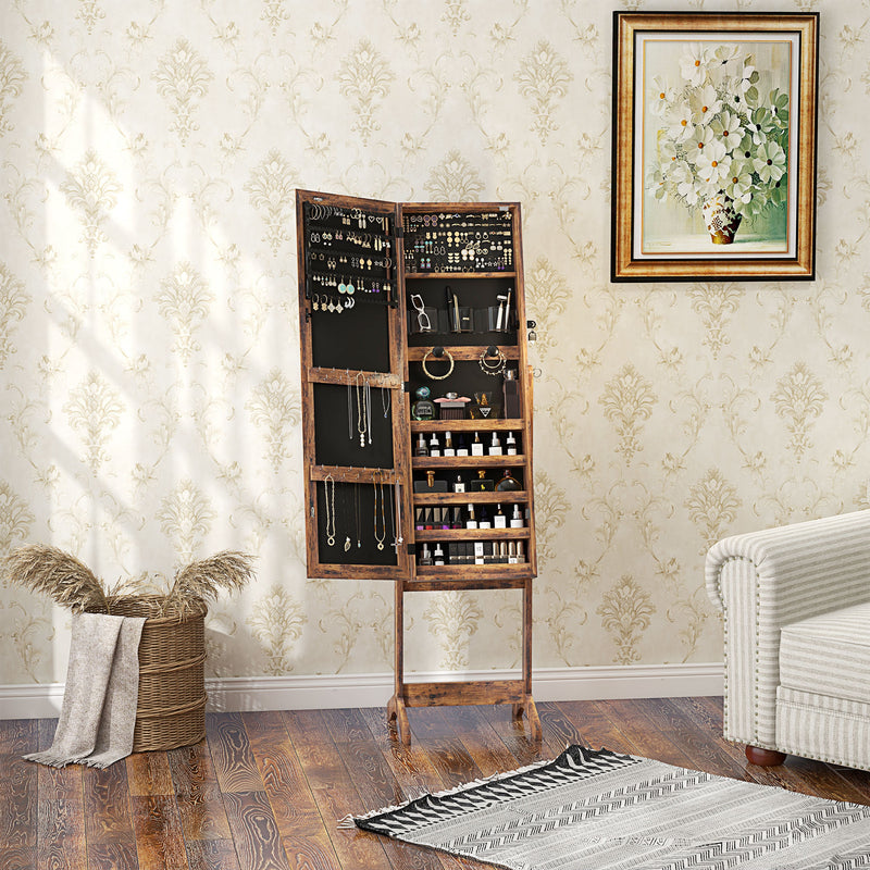 HOMCOM Mirrored Jewellery Cabinet W/ LED Light Lockable Jewellery Rustic Brown