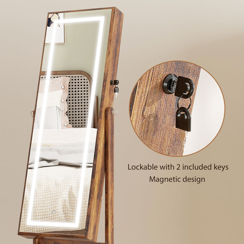 HOMCOM Mirrored Jewellery Cabinet W/ LED Light Lockable Jewellery Rustic Brown
