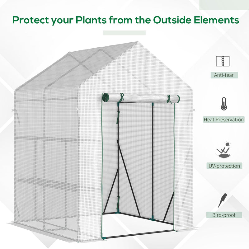 Outsunny Greenhouse for Outdoor w/ 2 Tier Shelf Roll-Up Zippered Door PE Cover Green