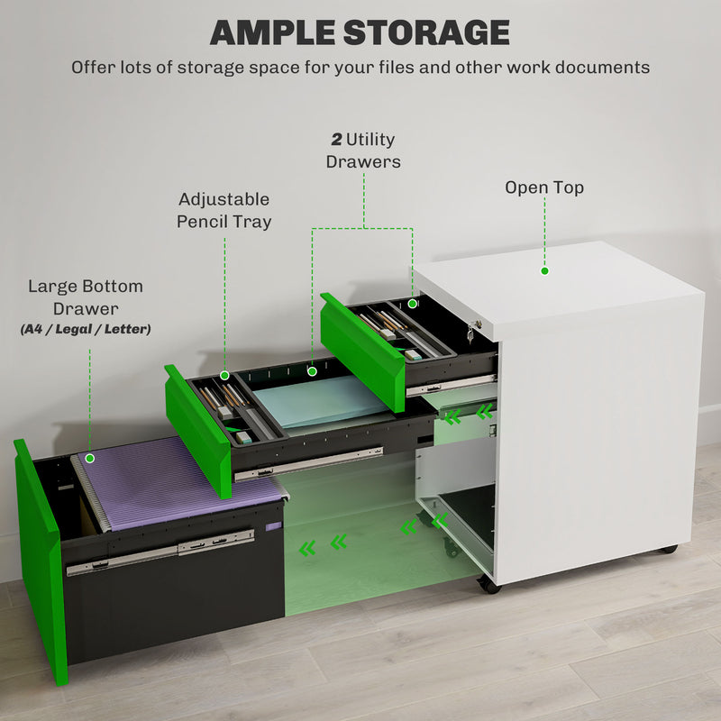 Vinsetto 3 Drawer File Cabinet, Lockable Metal Filling Cabinet - Yellow/Grey/Green