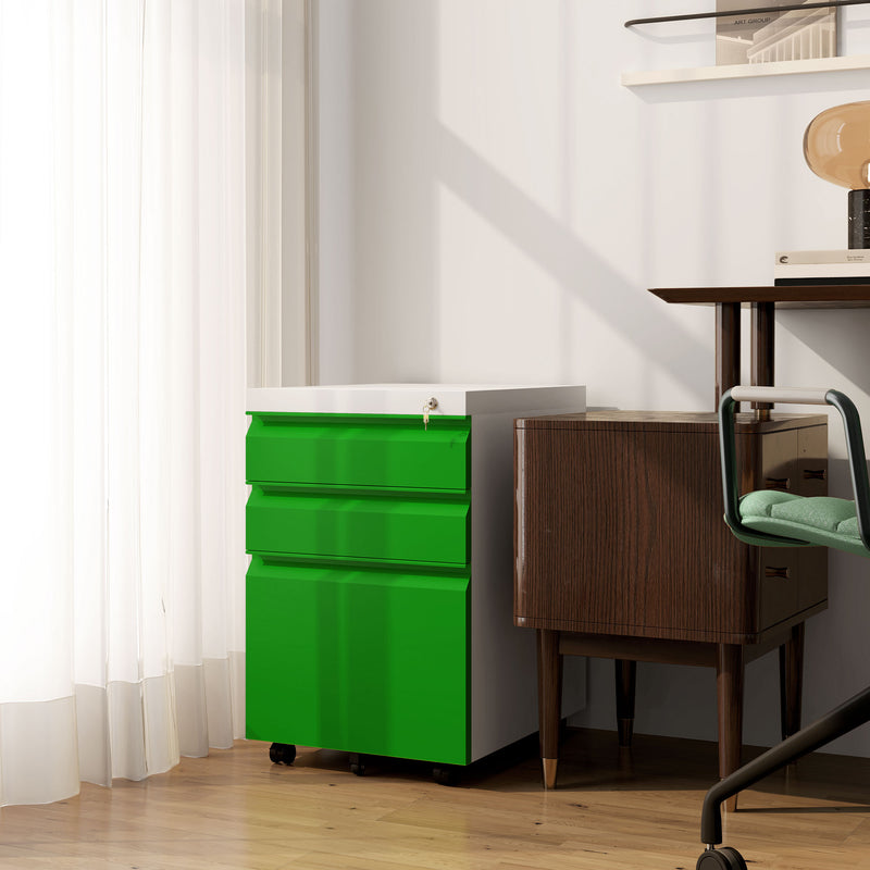 Vinsetto 3 Drawer File Cabinet, Lockable Metal Filling Cabinet - Yellow/Grey/Green