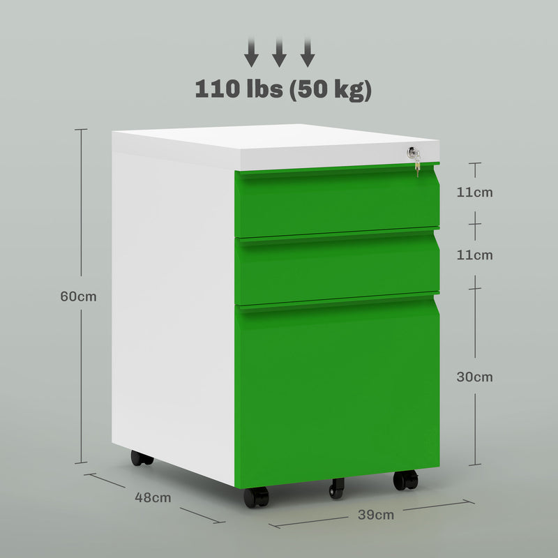 Vinsetto 3 Drawer File Cabinet, Lockable Metal Filling Cabinet - Yellow/Grey/Green