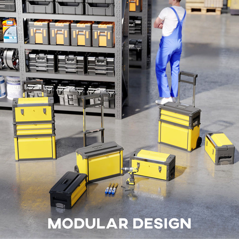 HOMCOM 3-Tier Tool Box with Wheels, Stackable Steel Toolbox