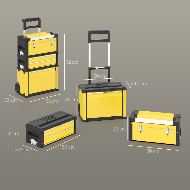 HOMCOM 3-Tier Tool Box with Wheels, Stackable Steel Toolbox