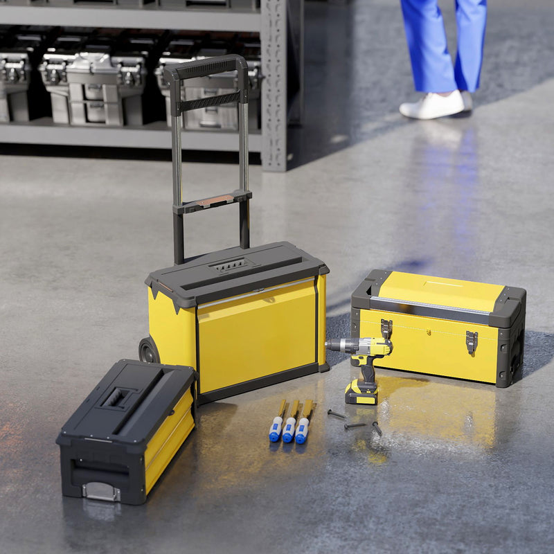 HOMCOM 3-Tier Tool Box with Wheels, Stackable Steel Toolbox