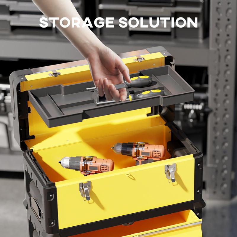 HOMCOM 3-Tier Tool Box with Wheels, Stackable Steel Toolbox