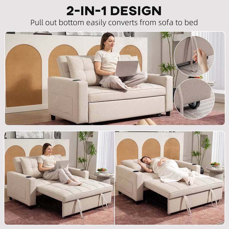 HOMCOM 2 Seater Pull Out Sofa Bed with Pockets for Living Room