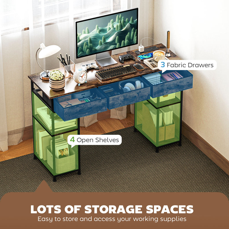 HOMCOM Computer Writing Desk with Power Outlets, Drawers, Shelves