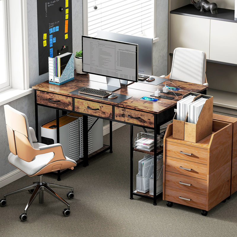 HOMCOM Computer Writing Desk with Power Outlets, Drawers, Shelves