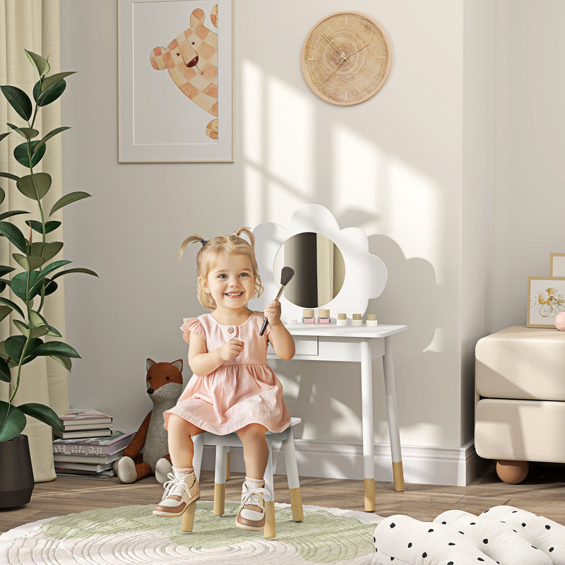 AIYAPLAY Kids Dressing Table with Mirror and Stool, Drawer, Cloud Design