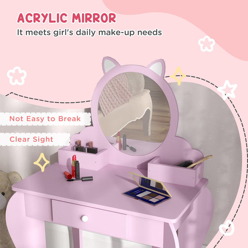 ZONEKIZ Kids Dressing Table, Cat Design w/ Mirror, Stool, Drawer, Storage Box