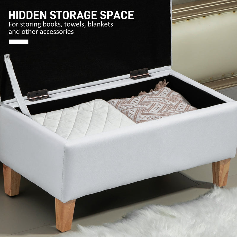 HOMCOM Linen Storage Ottoman Storage Box Footstool with Rubberwood Legs Cream