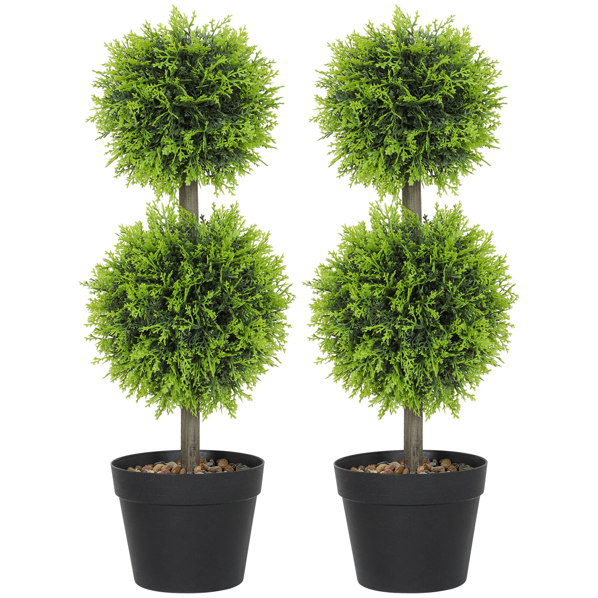 HOMCOM Set Of 2 Artificial Topiary Cypress Ball Trees With Pot And Peb