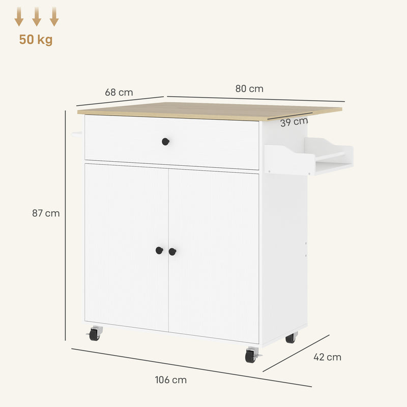 HOMCOM Kitchen Island with Drop Leaf, Rolling Kitchen Storage Trolley, White