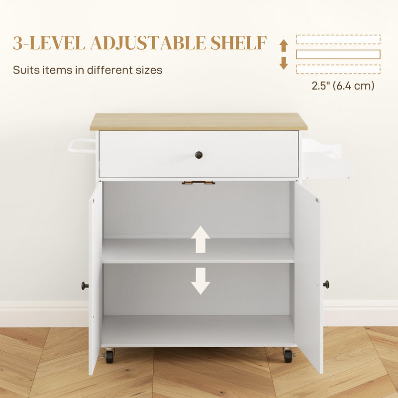 HOMCOM Kitchen Island with Drop Leaf, Rolling Kitchen Storage Trolley, White