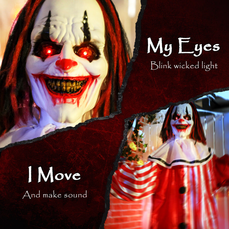 Outsunny Sound Activated Halloween Animatronics Clown with Red Light Up Eyes