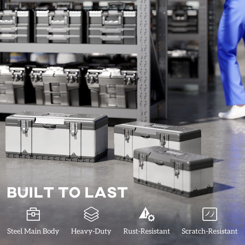 HOMCOM 3 Pieces Tool Case Set, 23\" 19\" 16\" Stainless Steel Tool Boxes