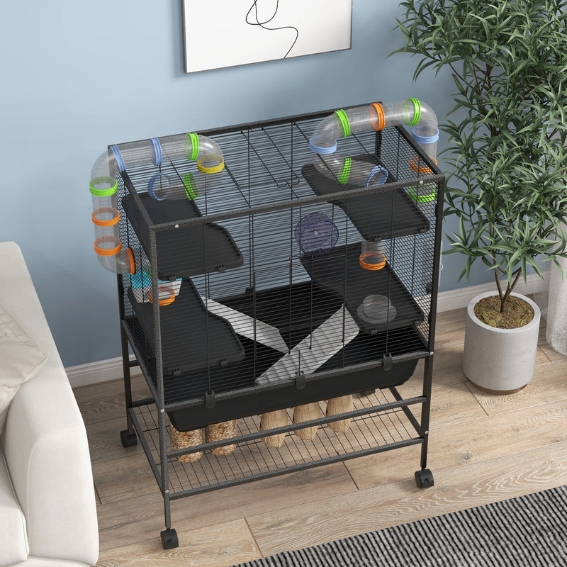 PawHut Large Hamster Cage, Rat Cage W/ Wheels, Tubes, Storage Shelf, Ramps