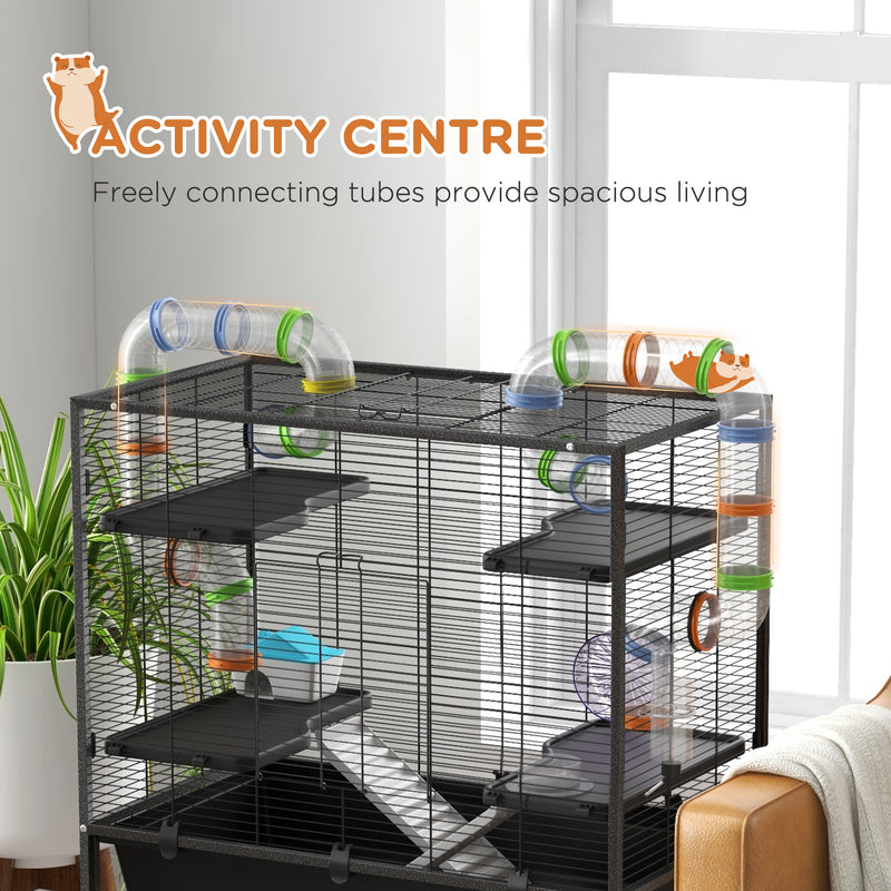 PawHut Large Hamster Cage, Rat Cage W/ Wheels, Tubes, Storage Shelf, Ramps