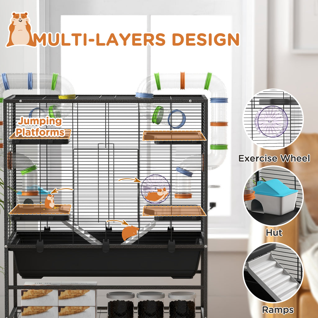 PawHut Large Hamster Cage, Rat Cage W/ Wheels, Tubes, Storage Shelf, R