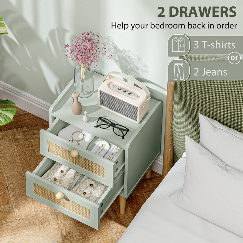 HOMCOM Boho Rattan Bedroom Chest of Drawers, 2 Drawer Dresser, Light Blue