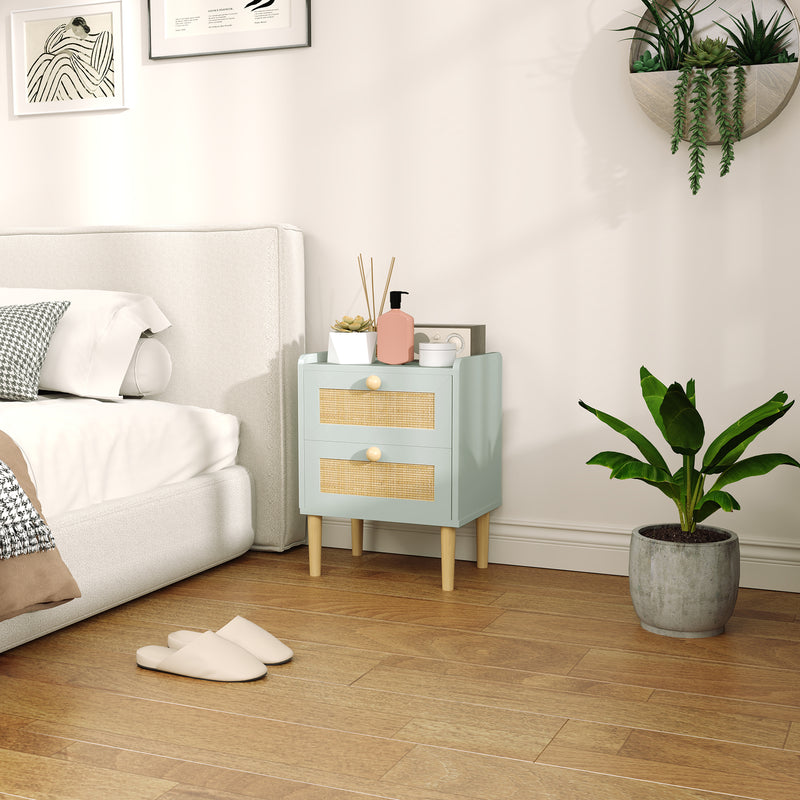 HOMCOM Boho Rattan Bedroom Chest of Drawers, 2 Drawer Dresser, Light Blue