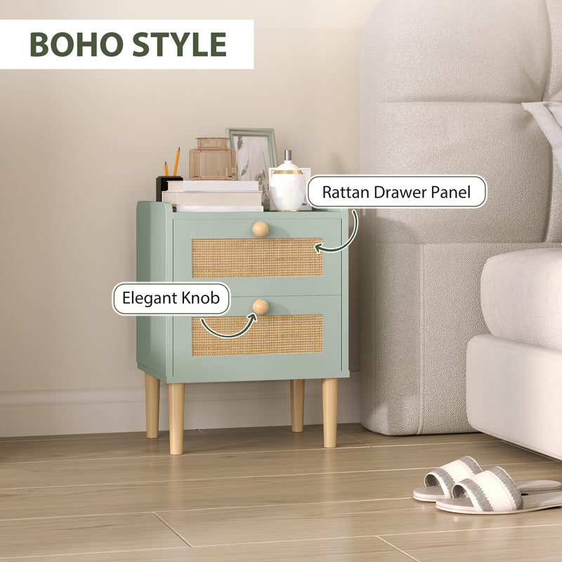 HOMCOM Boho Rattan Bedroom Chest of Drawers, 2 Drawer Dresser, Light Blue