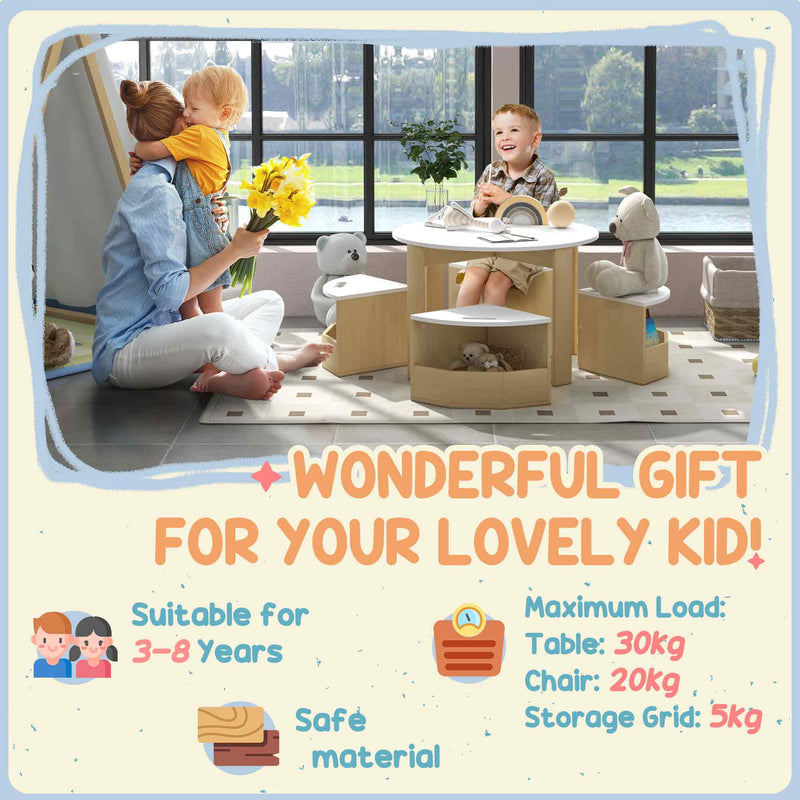 AIYAPLAY Five-Piece Kids Table and Chairs Set with Storage, White