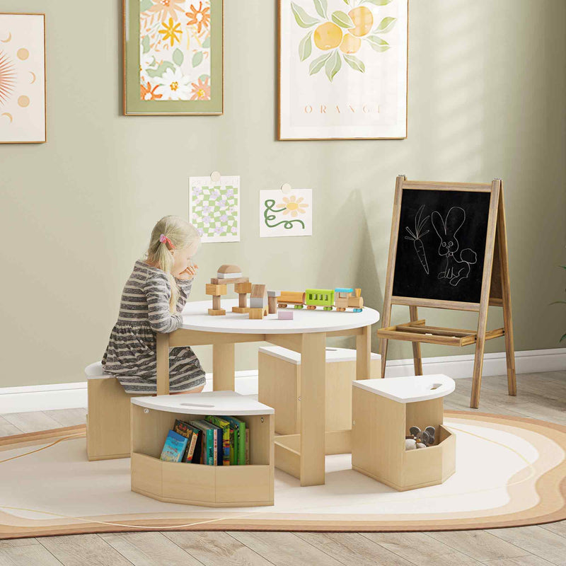 AIYAPLAY Five-Piece Kids Table and Chairs Set with Storage, White