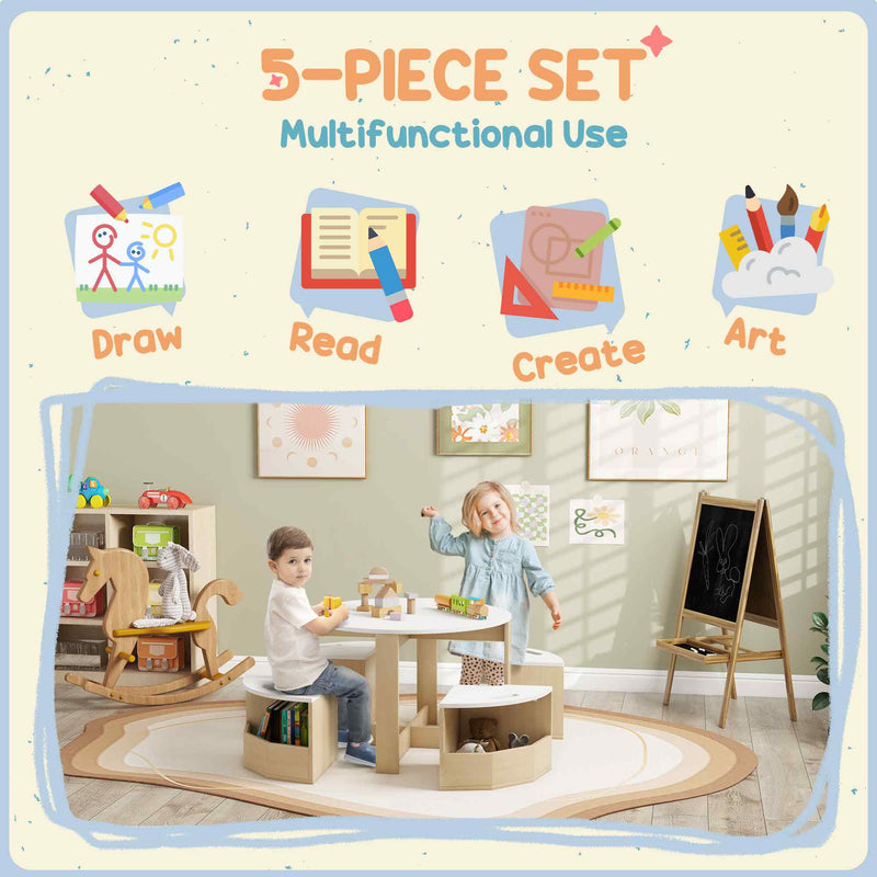 AIYAPLAY Five-Piece Kids Table and Chairs Set with Storage, White