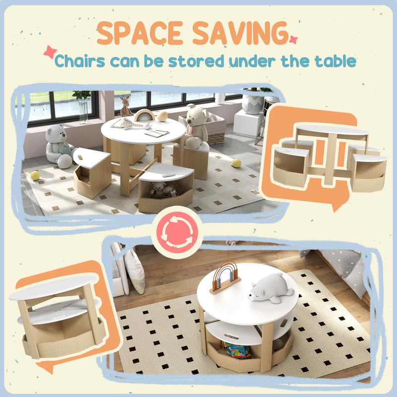 AIYAPLAY Five-Piece Kids Table and Chairs Set with Storage, White