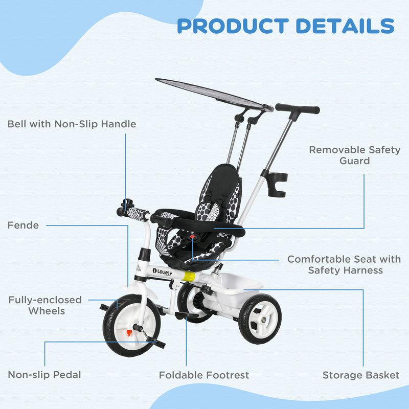 HOMCOM 6 in 1 White Kids Tricycle w/ Removable Handle for 1.5+ year