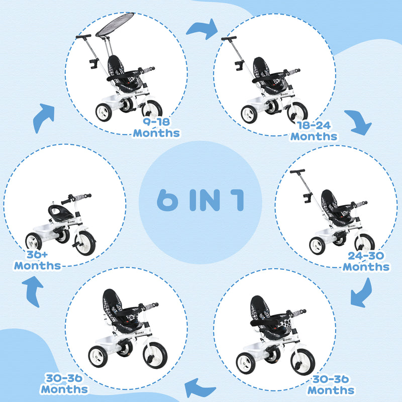 HOMCOM 6 in 1 White Kids Tricycle w/ Removable Handle for 1.5+ year