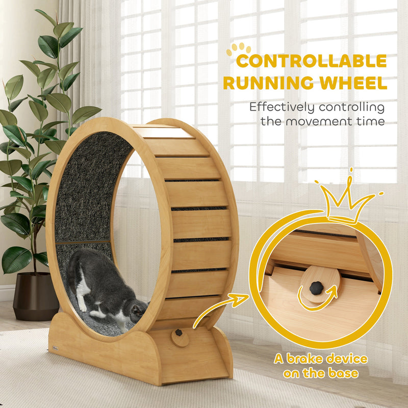 PawHut Cat Treadmill, 39.4 Inch Wooden Cat Running Wheel With Brake - White/Natural Wood Finish