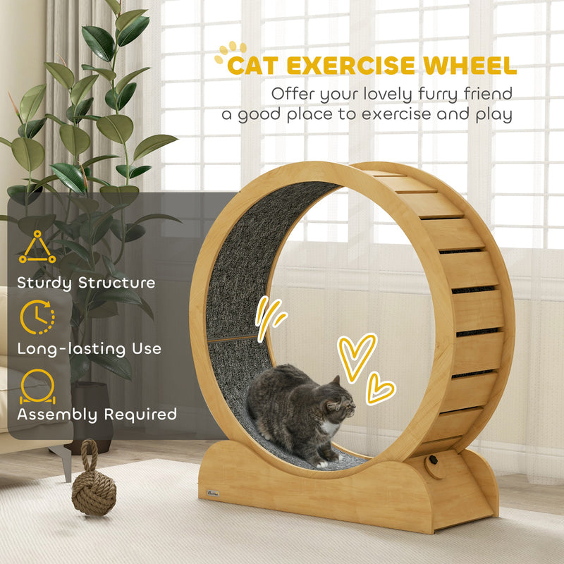 PawHut Cat Treadmill, 39.4 Inch Wooden Cat Running Wheel With Brake - White/Natural Wood Finish