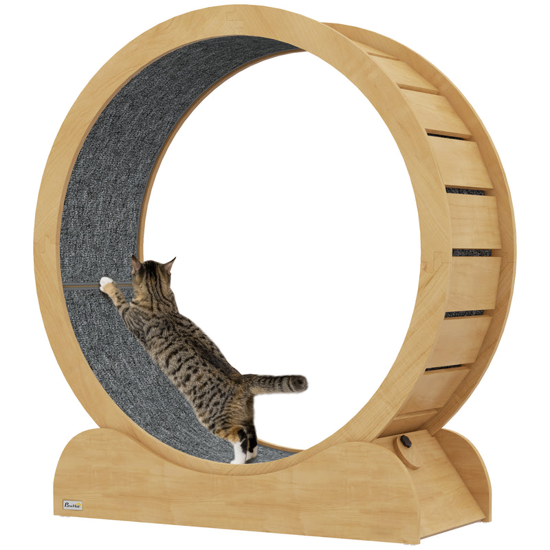 PawHut Cat Treadmill, 39.4 Inch Wooden Cat Running Wheel With Brake - White/Natural Wood Finish