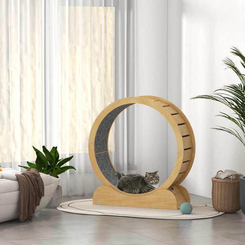 PawHut Cat Treadmill, 39.4 Inch Wooden Cat Running Wheel With Brake - White/Natural Wood Finish