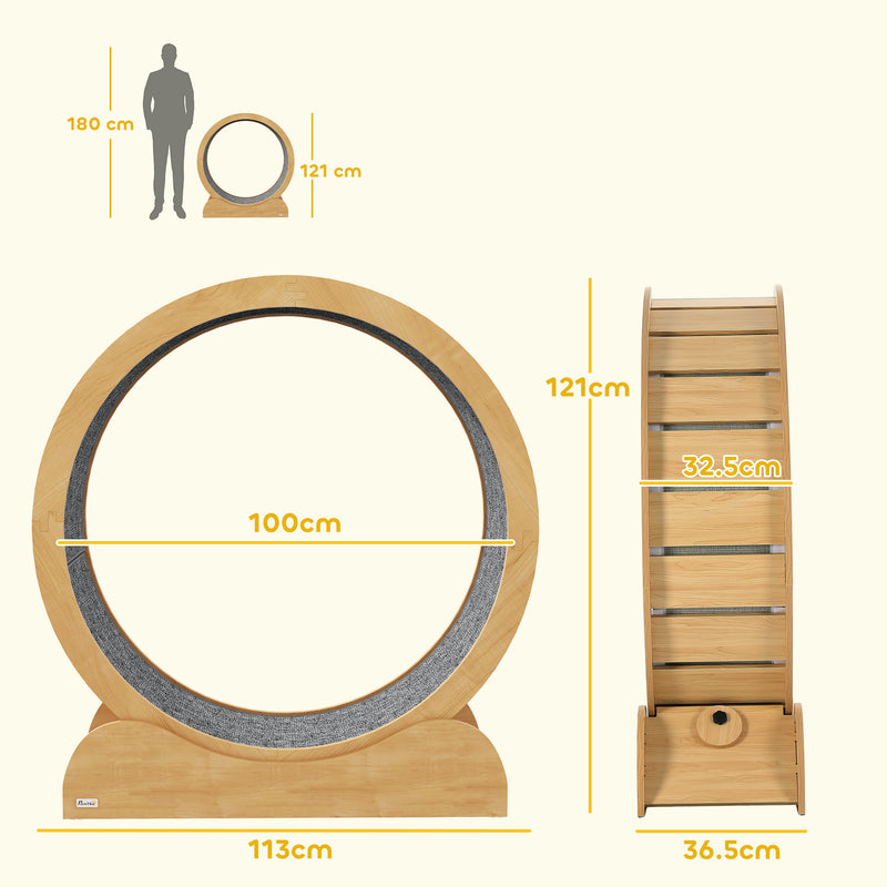 PawHut Cat Treadmill, 39.4 Inch Wooden Cat Running Wheel With Brake - White/Natural Wood Finish