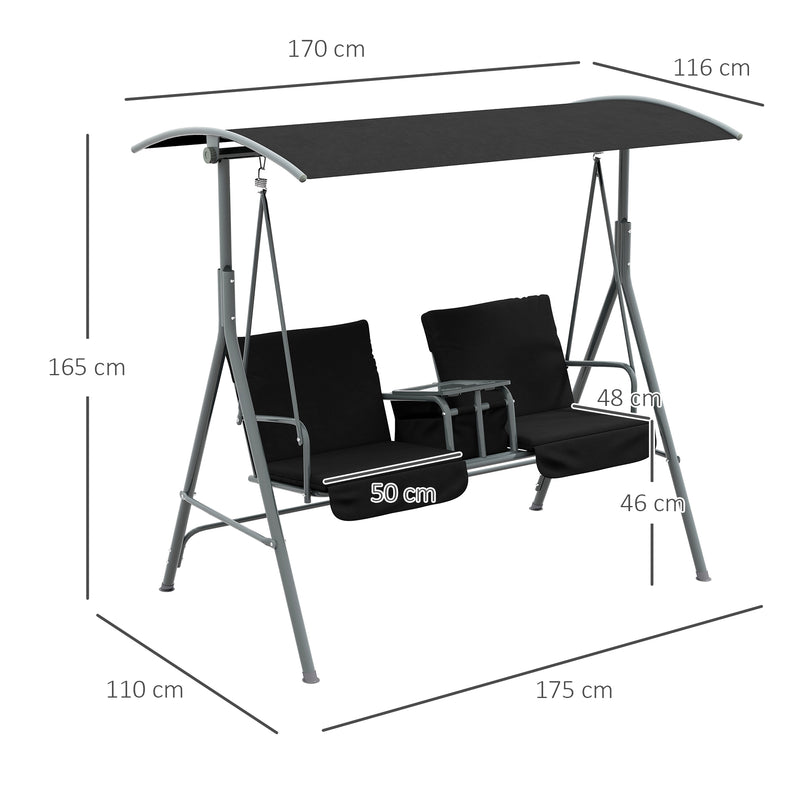 Outsunny 2 Person Covered Patio Swing with Pivot Table & Storage Console Black