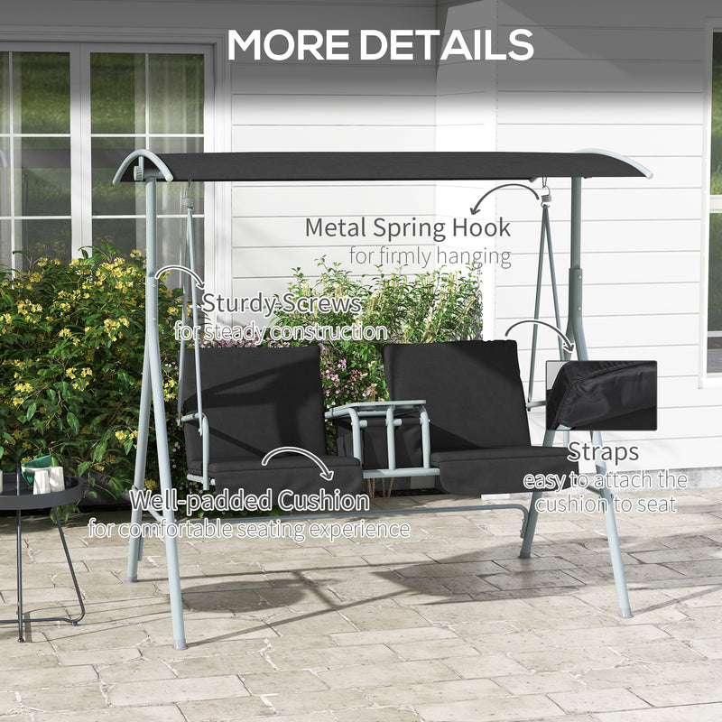 Outsunny 2 Person Covered Patio Swing with Pivot Table & Storage Console Black