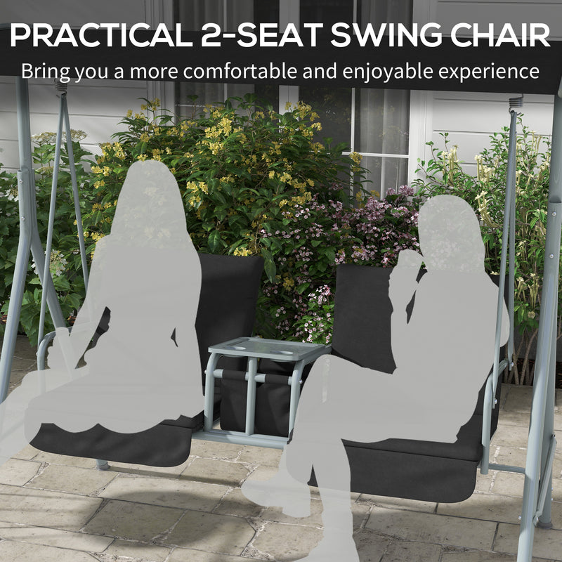 Outsunny 2 Person Covered Patio Swing with Pivot Table & Storage Console Black
