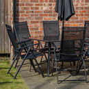 Outdoor 6 Person Rectangular Glass Top Garden Dining Table Chairs With Black Parasol and Base Set
